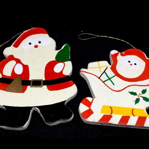 Vintage 1960s Lot of 5 Folk Art Handmade Wooden Christmas Tree Ornaments Santa - Picture 6 of 9